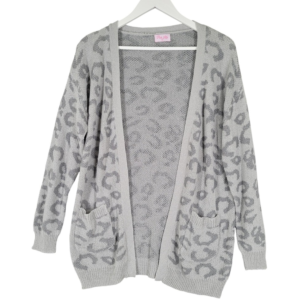 Pink Lily Cardigan Womens S Gray Leopard Animal Print Open Front Pockets Oversiz
